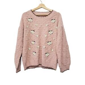 On You | Wool Blend Textured Knit Puff Sleeve Floral Pattern Sweater Grannycore